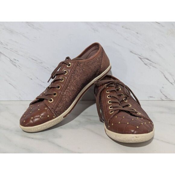 Vince Camuto Women's Brown & Gold Studded Leather Glitter Sneaker Size 7 - Picture 1 of 10